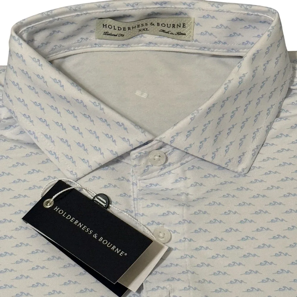 Holderness & Bourne Whitecap Shirt Skye Blue Wave Print Polo XXL Tailored Fit